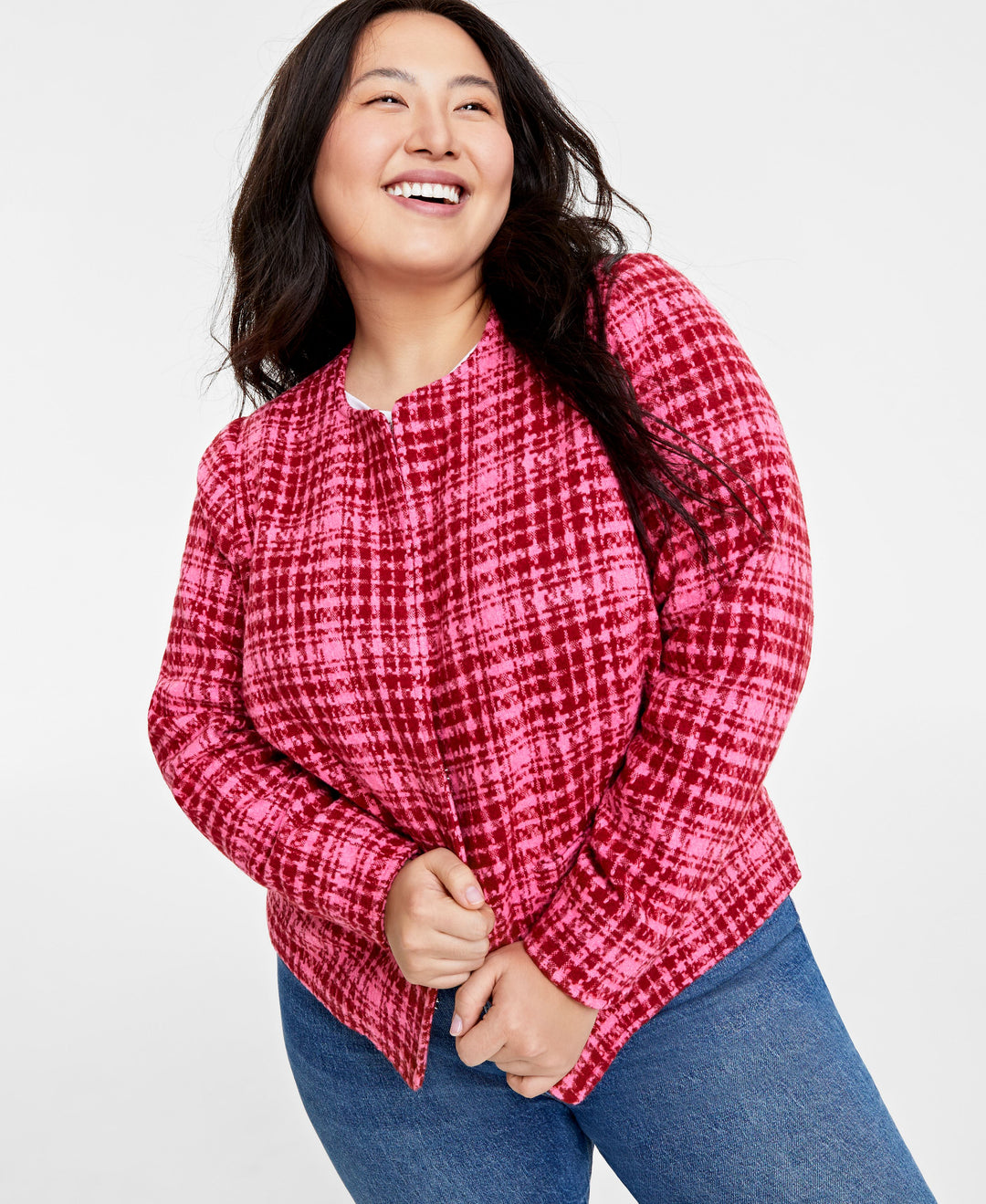 Plus Size Tweed Collarless Jacket