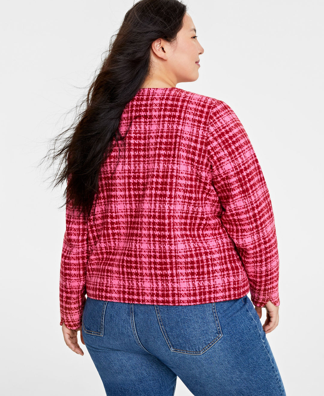 Plus Size Tweed Collarless Jacket