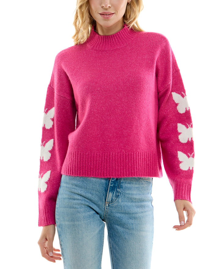 Juniors' Butterflies Mock-Turtleneck Sweater