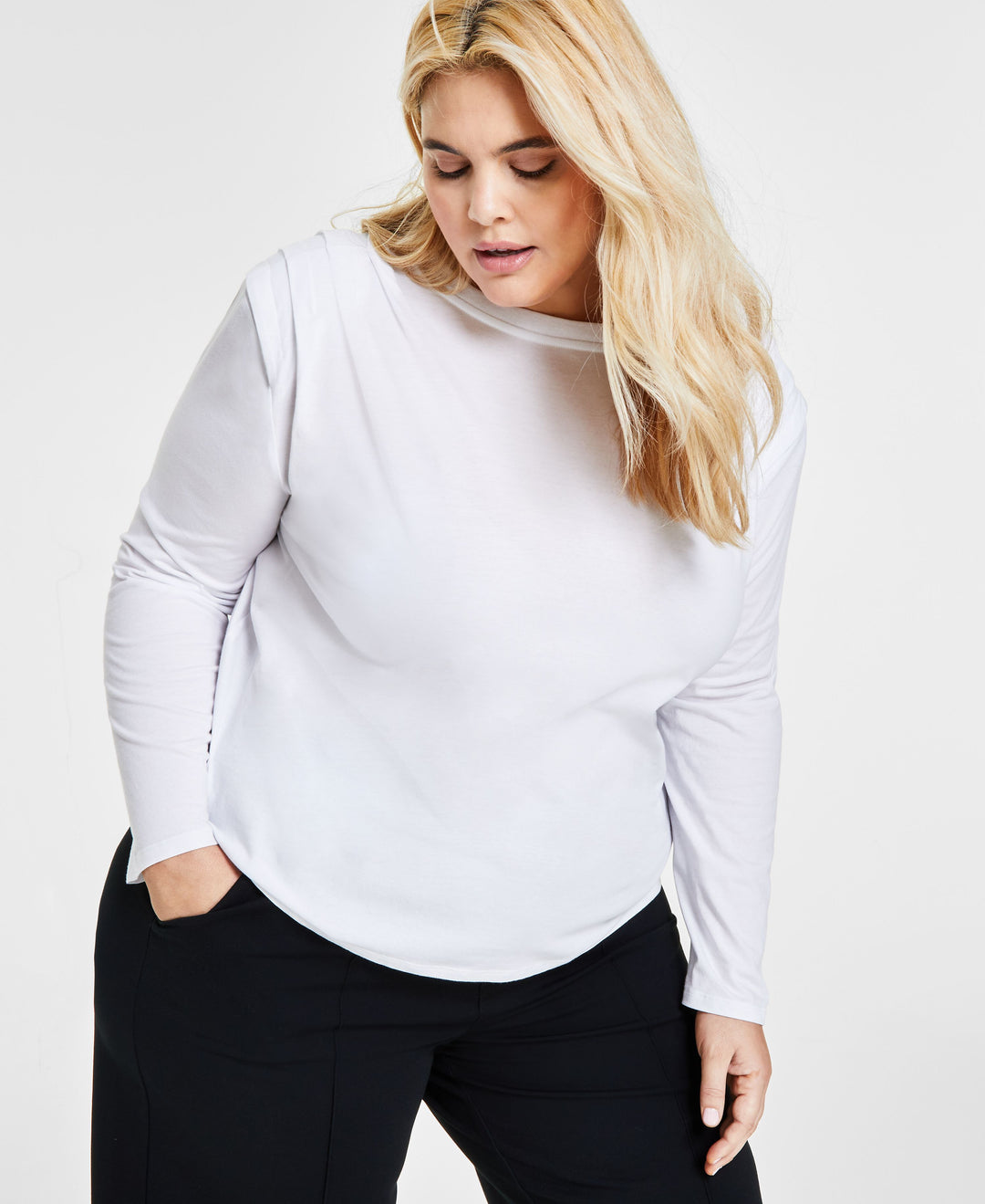 Plus Size Cotton Round-Neck Pleat-Shoulder T-Shirt