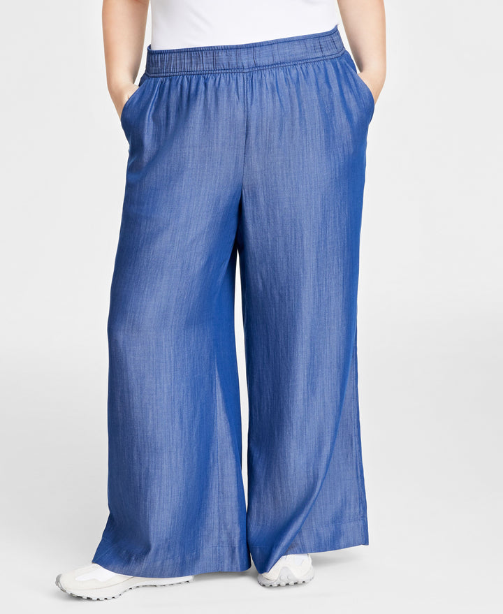 Plus Size Pull-On Chambray Wide-Leg Pants