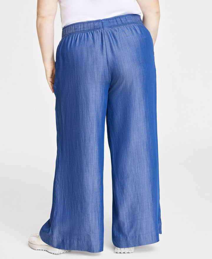 Plus Size Pull-On Chambray Wide-Leg Pants