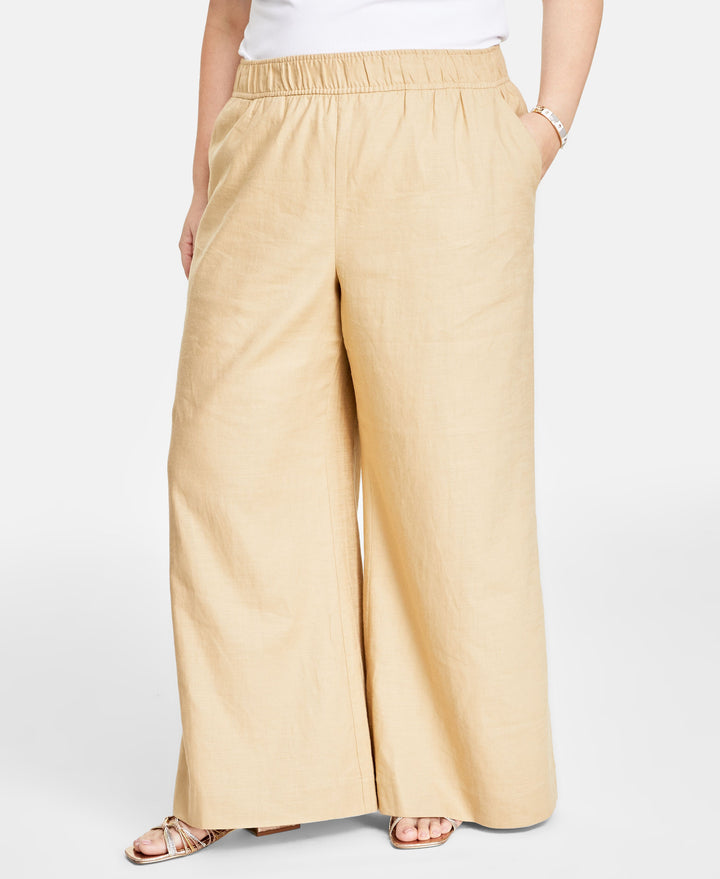 Plus Size Linen-Blend Pull-On Lightweight Wide-Leg Pants
