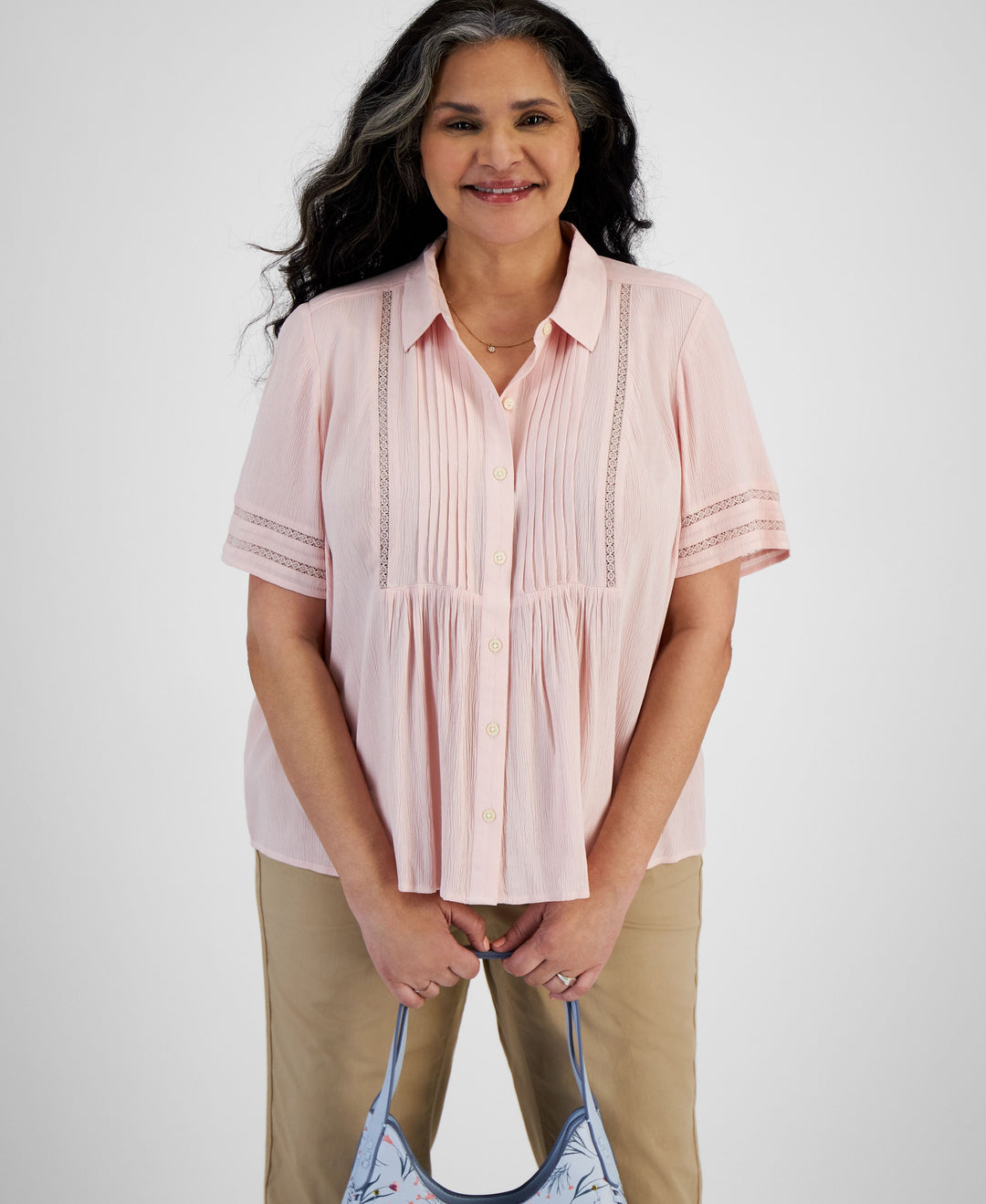 Plus Size Collared Pintuck Top