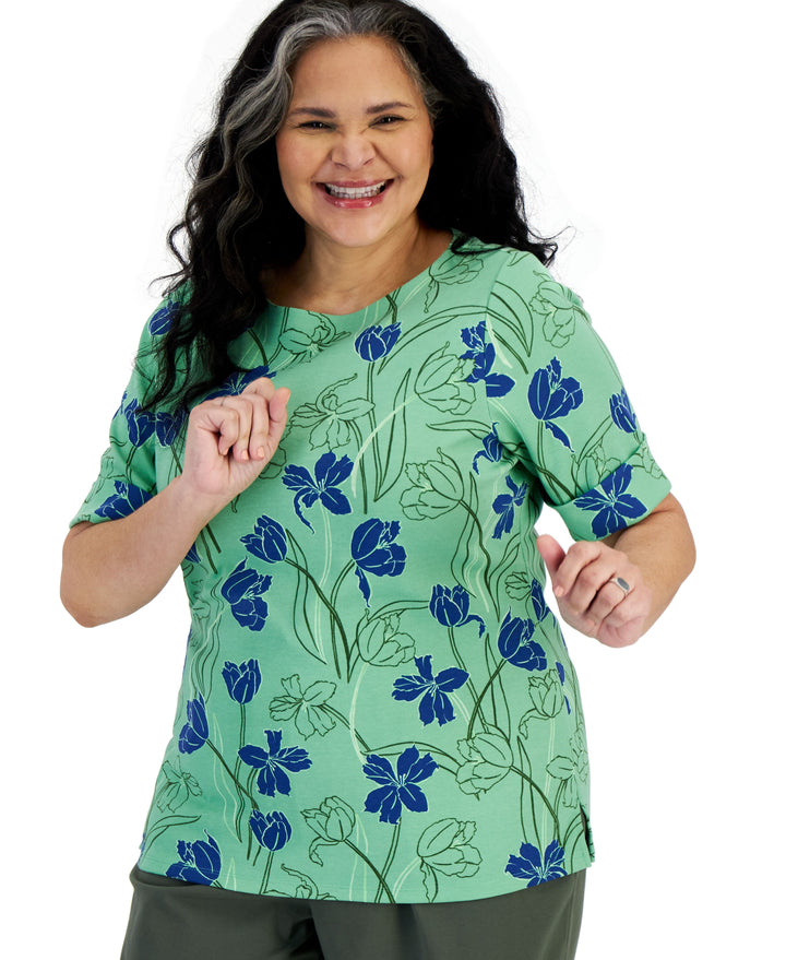 Plus Size Printed Elbow-Sleeve Top