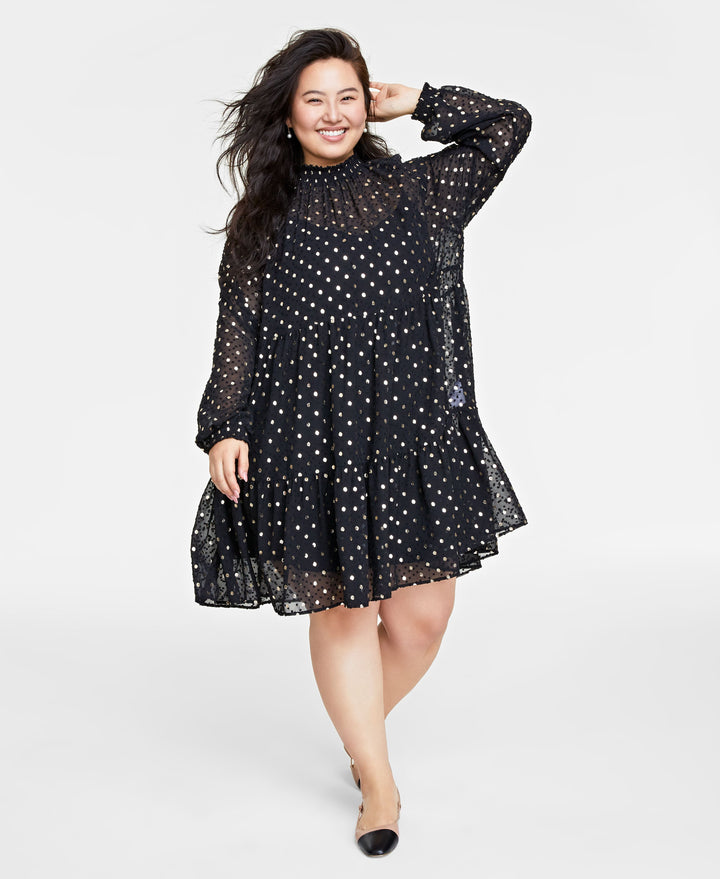 Plus Size Floral-Print High-Neck Tiered Mini Dress