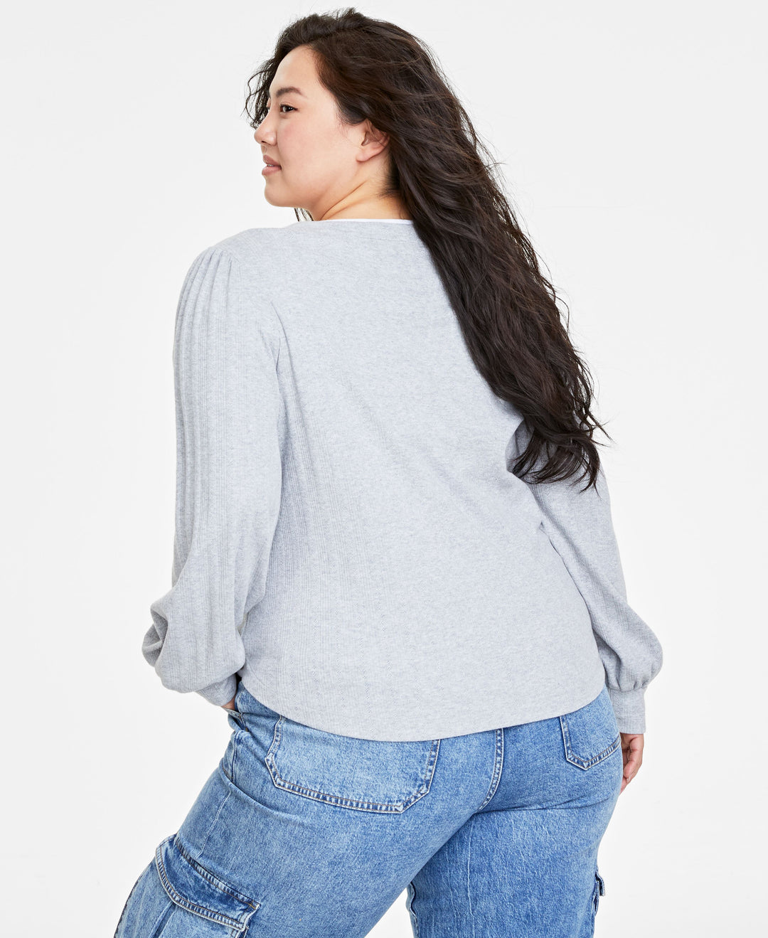 Plus Size Pointelle-Rib Long-Sleeve Top