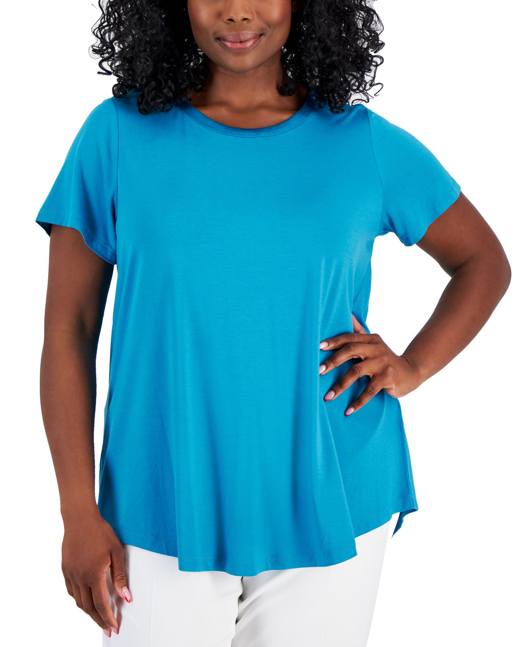 Plus Size Satin Trim Neck Short-Sleeve Top