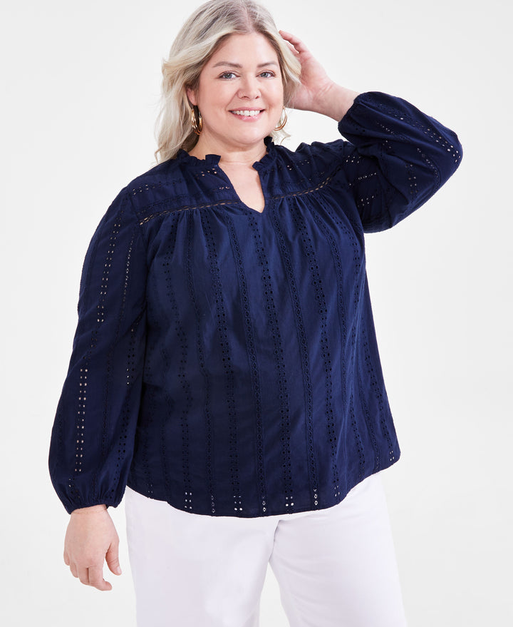 Plus Size Cotton Eyelet-Embroidered Split-Neck Top