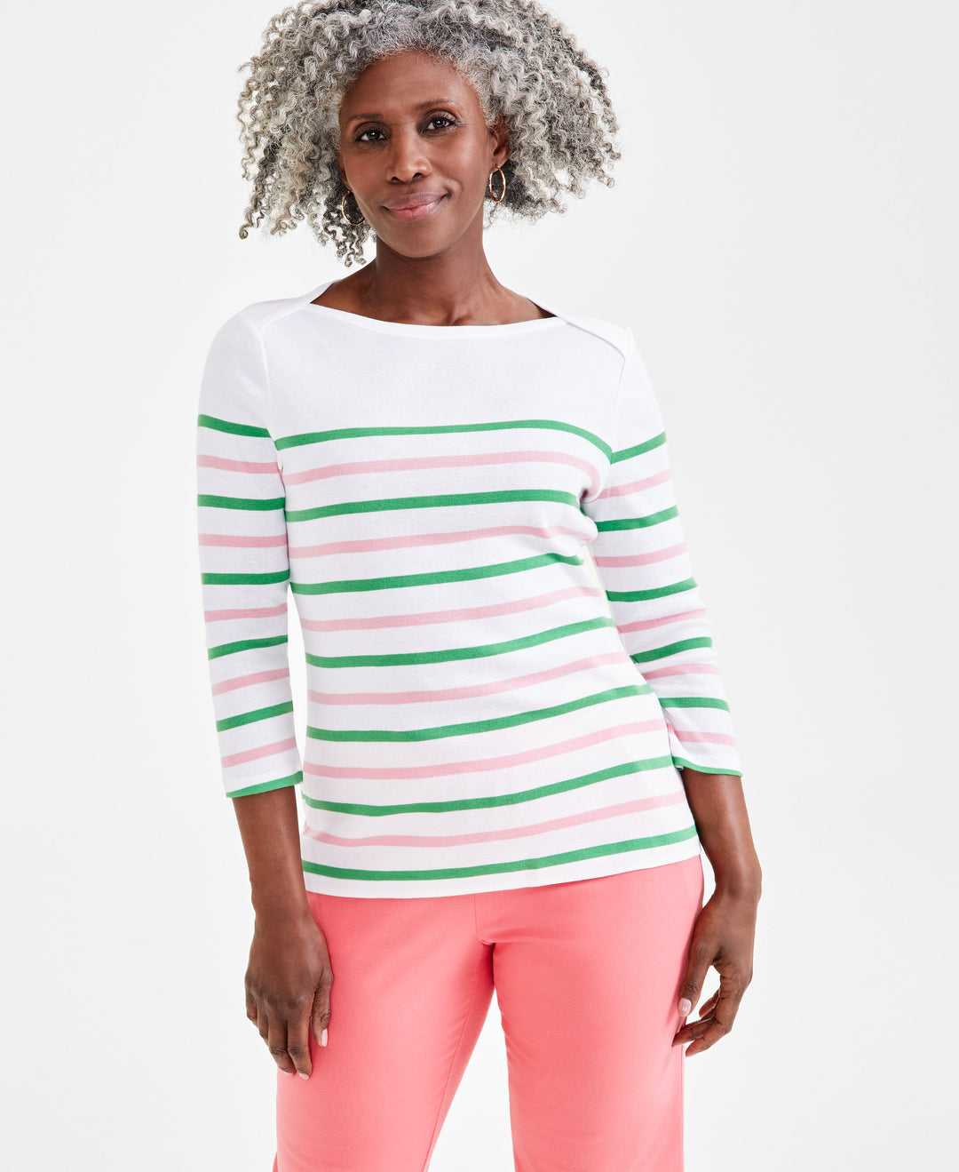 Petite Nautical Stripe Boat-Neck Cotton Top  Nautical Bright White PP