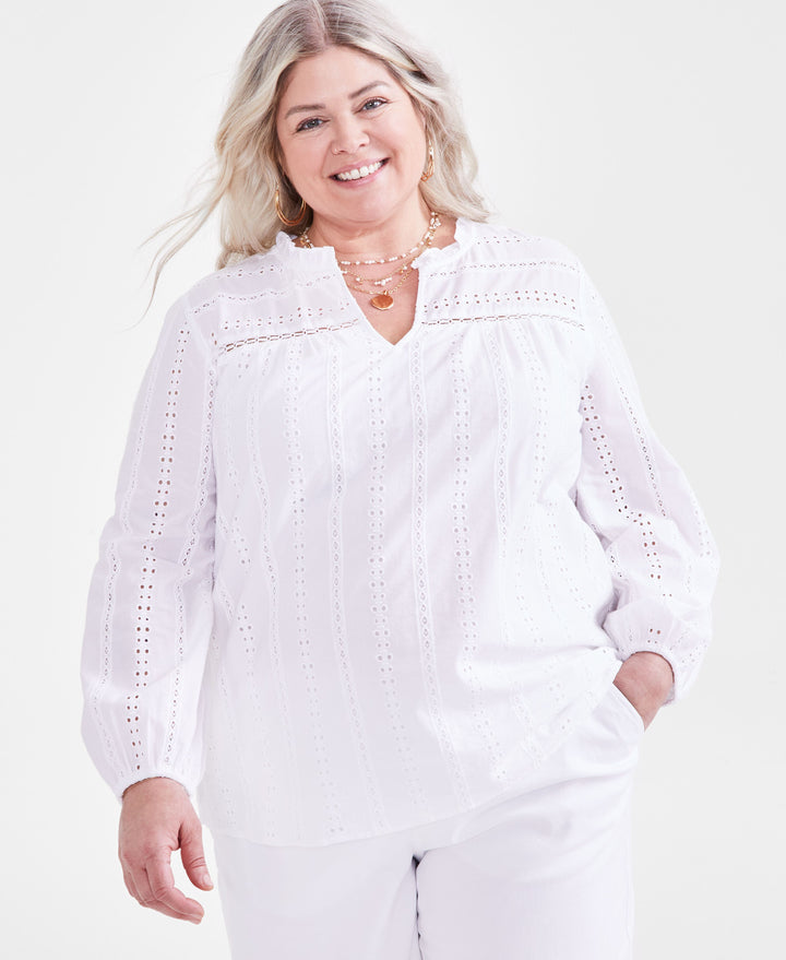 Plus Size Cotton Eyelet-Embroidered Split-Neck Top
