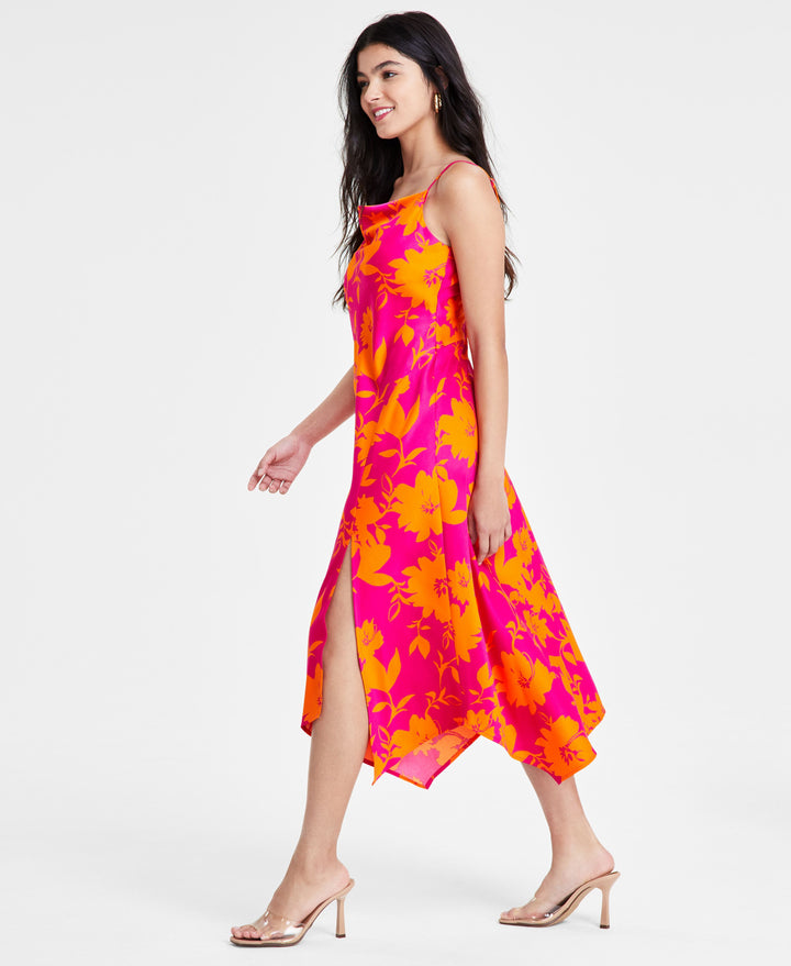 Women's Printed Cowl Neck Asymmetrical-Hem Dress
