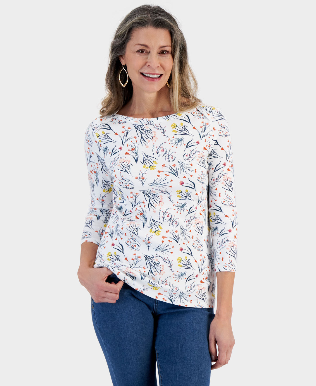 Petite Boat-Neck 3/4-Sleeve Top Shannon Bright White PS