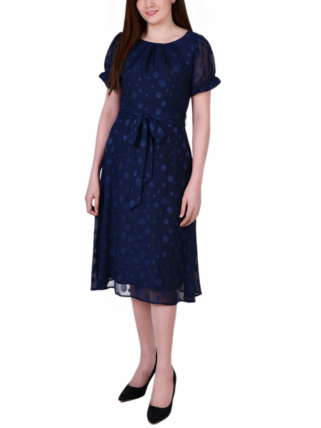 Petite Short Sleeve Belted Swiss Dot Dress