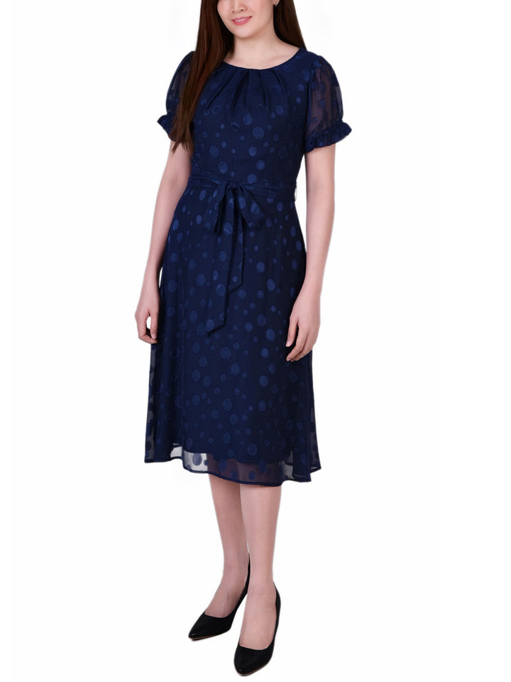Petite Short Sleeve Belted Swiss Dot Dress