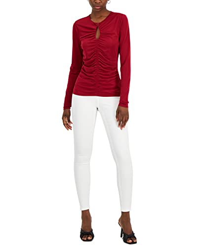 INC International Concepts Womens Solid Ruched Front Keyhole Knit Top