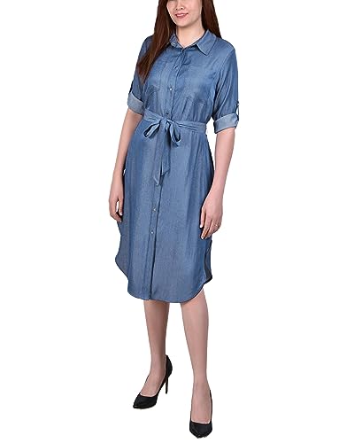 Petite 3/4 Roll Tab Sleeve Denim Dress