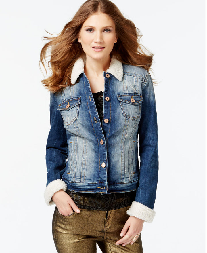 Inc International Concepts Faux-Fur Mid Indigo Wash Trucker Jacket