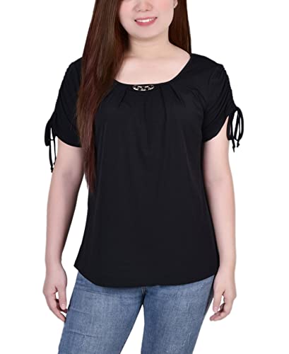 Petite Size Short Ruched Sleeve Top with Pleats