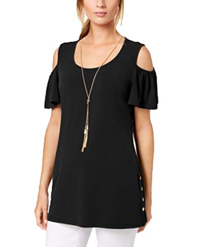 JM Collection Cold-Shoulder Necklace Flutter-Sleeve Top (Deep Black, S)