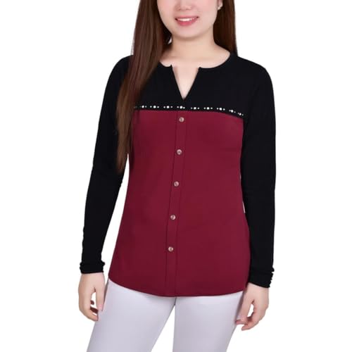 Womens Studded Color Blocked Split Neck Top