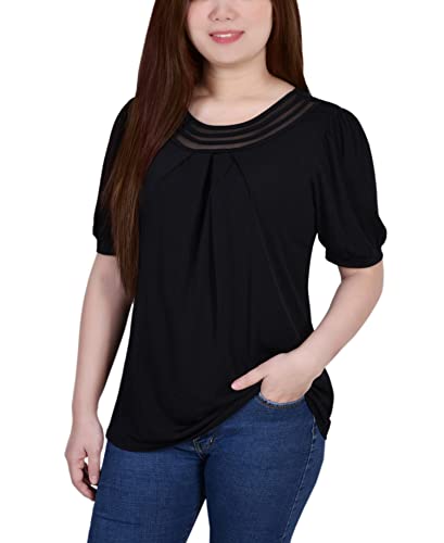 Petite Short Puff Sleeve Mesh Inset Top