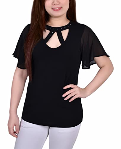 NY Collection Petite Short Flutter Sleeve Top With Rhinestone Studs
