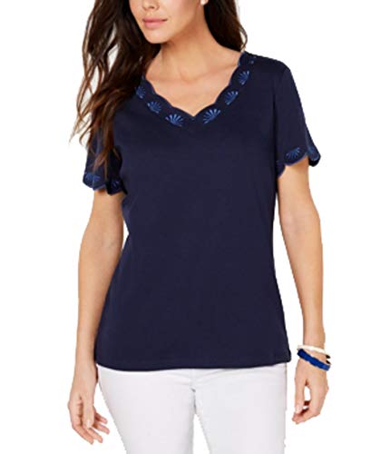 Karen Scott Cotton Embroidered Scalloped T-Shirt