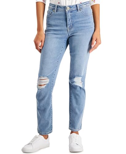 Style & Co Petite Mid Rise Natural Ripped Straight Leg Jeans