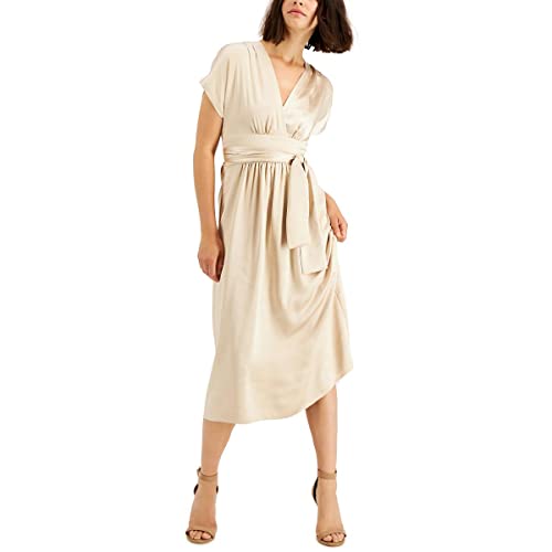 Anne Klein Satin V Neck Midi Dress