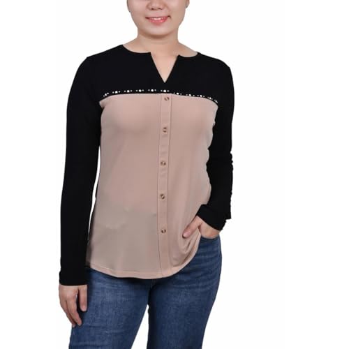 Petite Long Sleeve Studded Colorblocked Split Neck Top