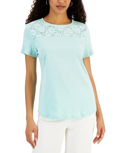 Karen Scott Short Sleeve Crocheted Yoke Top