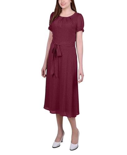 Petite Short Sleeve Belted Swiss Dot Dress