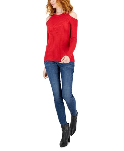INC International Concepts Petite Cold Shoulder Metallic Knit Sweater