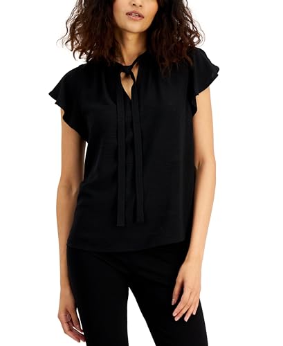 Alfani Womens Tie Neck Flutter Sleeve Top