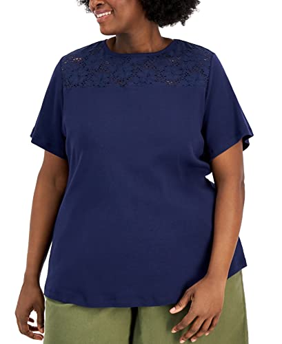 Karen Scott Plus Size Cotton Crochet Yoke Top