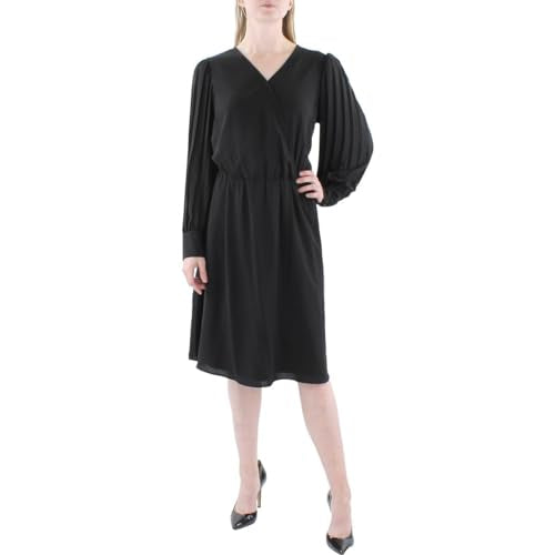 Anne Klein Womens V-Neck Pleated-Long-Sleeve Dress