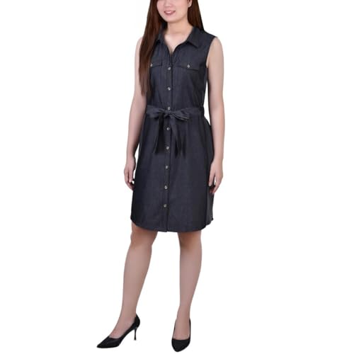 Petite Sleeveless Belted Denim Dress