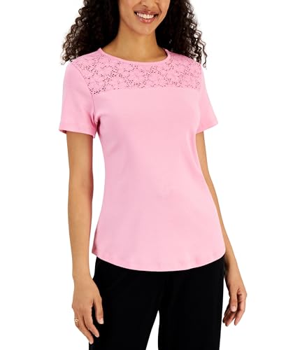 Karen Scott Short Sleeve Crocheted Yoke Top