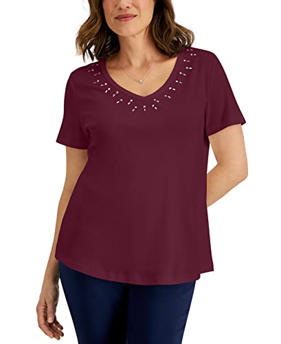 Karen Scott Womens Cotton Studded V Neck Top