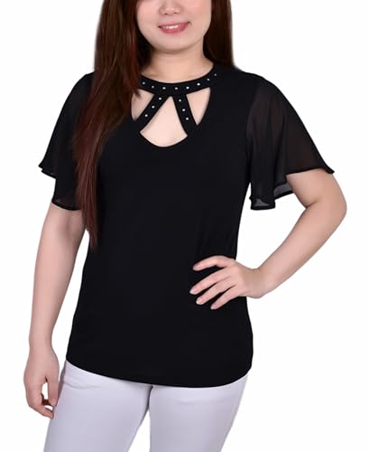 NY Collection Petite Short Flutter Sleeve Top With Rhinestone Studs