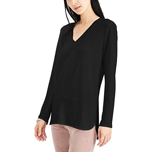 Bar III Long Sleeve V Neck Mixed Media Mesh Top