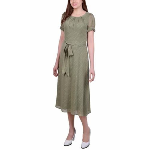 Petite Short Sleeve Belted Swiss Dot Dress