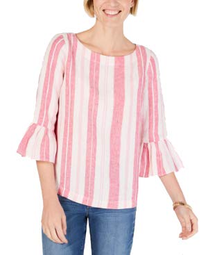 Charter Club Striped Ruffle Sleeve Linen Top Peru Pink Combo L