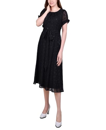 Petite Short Sleeve Belted Swiss Dot Dress