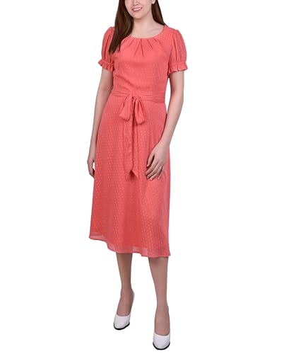 Petite Short Sleeve Belted Swiss Dot Dress