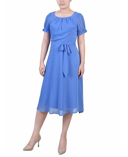 Petite Short Sleeve Belted Swiss Dot Dress
