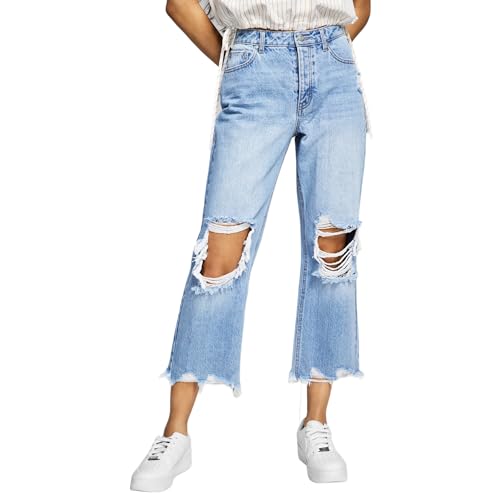 Now This Womens Cotton Ripped Cropped Wide Leg Jeans