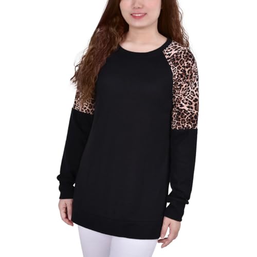 Petite Long Raglan Sleeve Tunic With Animal Print Insets Top