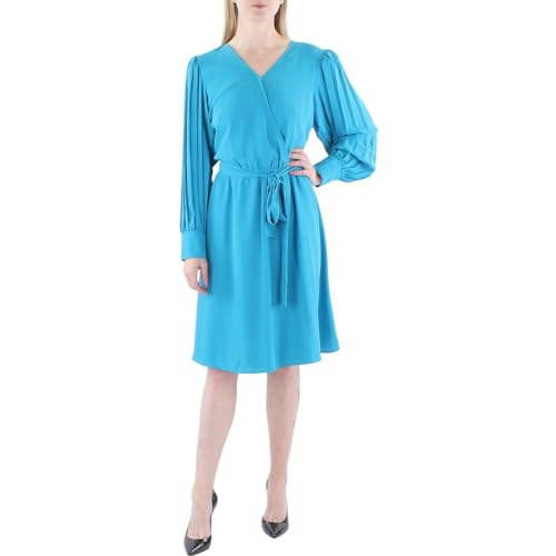 Anne Klein Womens V-Neck Pleated-Long-Sleeve Dress